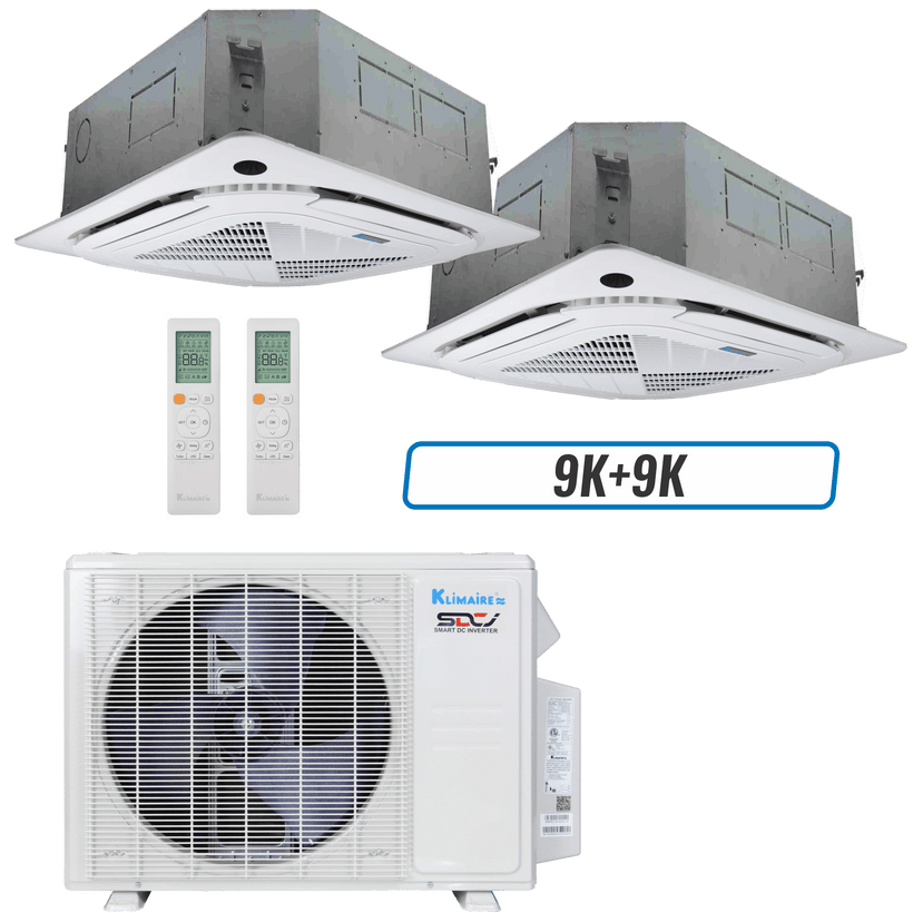 Klimaire 18,000 BTU 2-Zone Ceiling Cassette Mini Split Heat Pump | 23 SEER2 | 9k + 9k | R454B