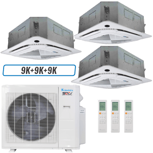 Klimaire 19,000 BTU 3-Zone Hyper Heat Ceiling Cassette Mini Split Heat Pump | 23 SEER2 | 9k + 9k + 9k | R454B