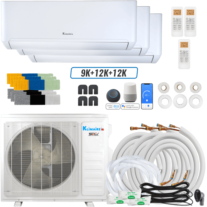 Klimaire DIY 27,000 BTU 3-Zone Regular Heat Wall Mounted Mini Split Heat Pump | 24 SEER2 | 9k + 12k + 12k | R454B | KMIP