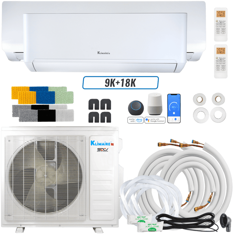 Klimaire DIY 27,000 BTU 2-Zone Regular Heat Wall Mounted Mini Split Heat Pump | 24 SEER2 | 9k + 18k | R454B | KMIP