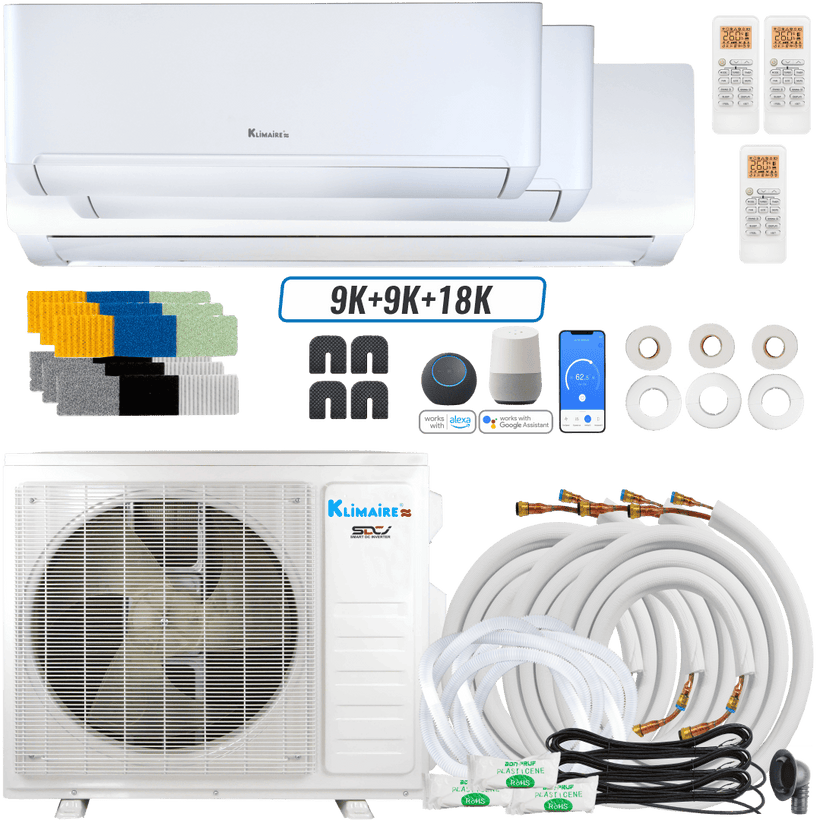 Klimaire DIY 27,000 BTU 3-Zone Regular Heat Wall Mounted Mini Split Heat Pump | 24 SEER2 | 9k + 9k +18k | R454B | KMIP