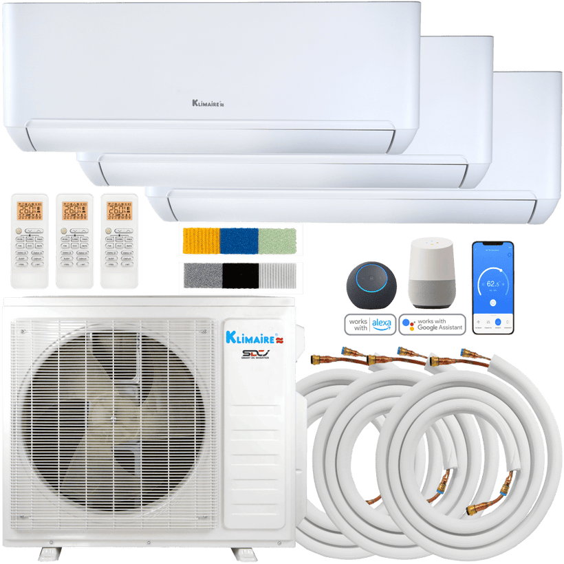 Klimaire DIY 27,000 BTU 3-Zone Regular Heat Wall Mounted Mini Split Heat Pump | 24 SEER2 | 12k + 12k + 12k | R454B | KMIP