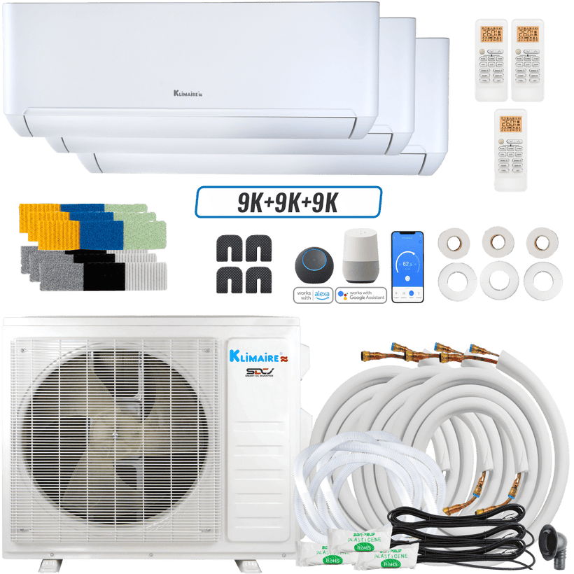Klimaire DIY 27,000 BTU 3-Zone Regular Heat Wall Mounted Mini Split Heat Pump | 24 SEER2 | 9k + 9k + 9k | R454B | KMIP