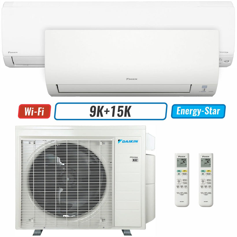 2 - Zone - 24,000 BTU 21 SEER2 Daikin MXM Series Wall Mounted Ductless Mini Split Heat Pump Air Conditioner System 9K + 15K - 230V | R32 | Wi-Fi Enabled