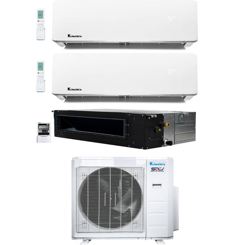 3-Zone Klimaire 22.25 SEER2 Multi Split Ducted Recessed Wall Mount Air Conditioner Heat Pump System 12+12+12