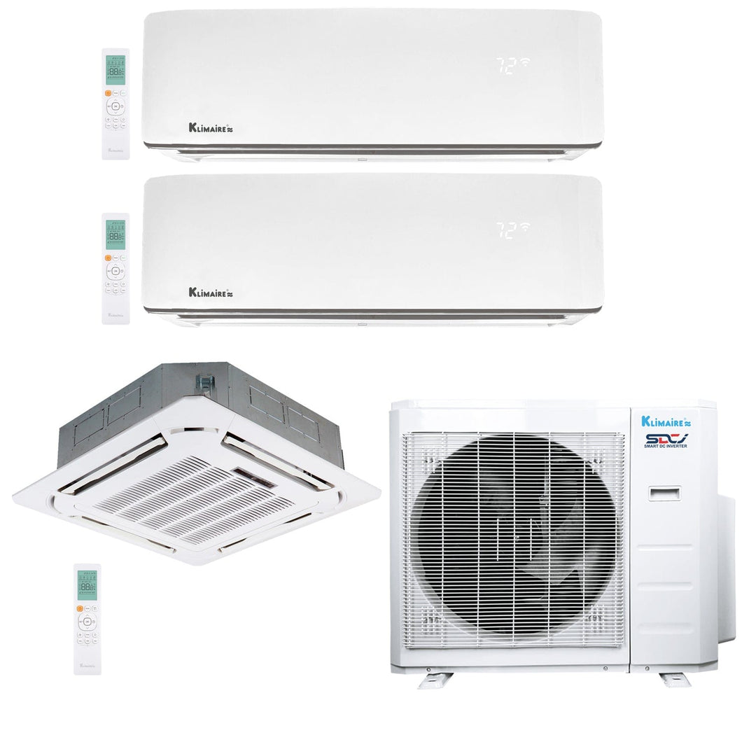 3-Zone Klimaire 23.9 SEER2 Multi Split Wall Mount Ceiling Cassette Air Conditoner Heat Pump System 9+9+24