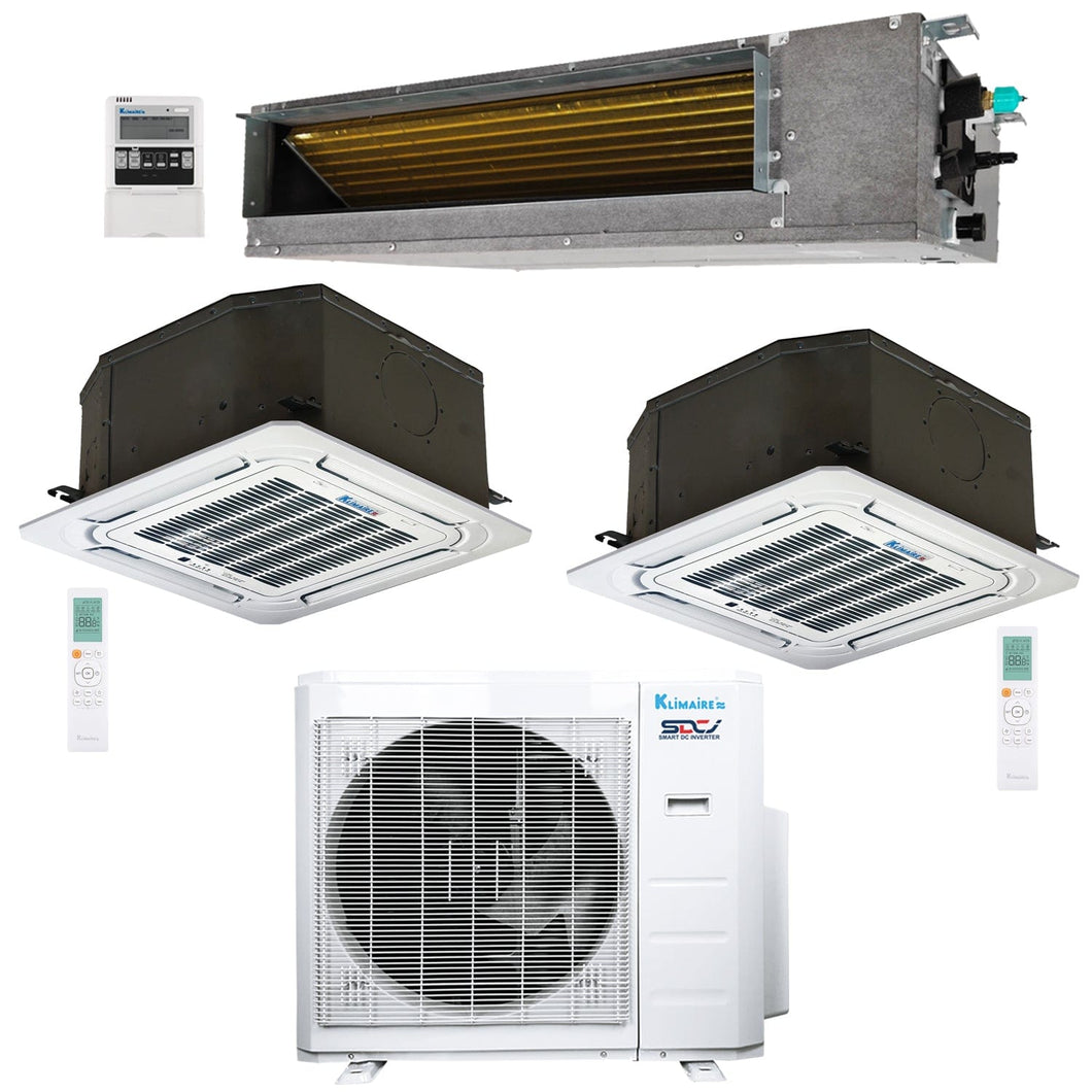 3-Zone Klimaire 21.9 SEER2 Multi Split Ceiling Cassette Ducted Recessed Air Conditoner Heat Pump System 12+12+24