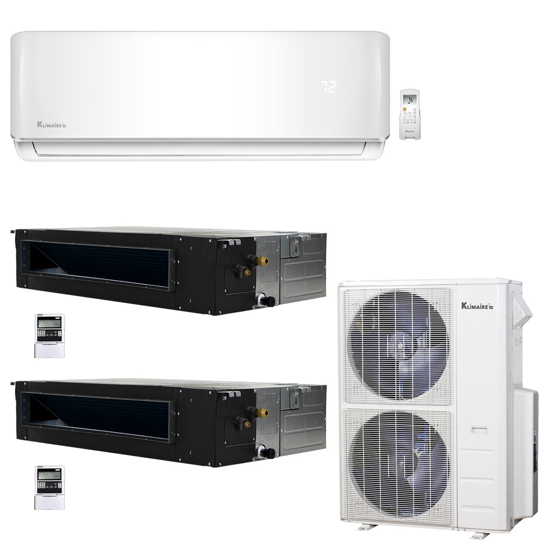 3-Zone Klimaire 21.9 SEER2 Multi Split Wall Mount Ducted Recessed Air Conditioner Heat Pump System 12+24+24