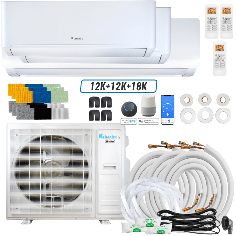 Klimaire DIY 36,000 BTU 3-Zone Regular Heat Wall Mounted Mini Split Heat Pump | 22.5 SEER2 | 12k + 12k +18k | R454B | KMIP