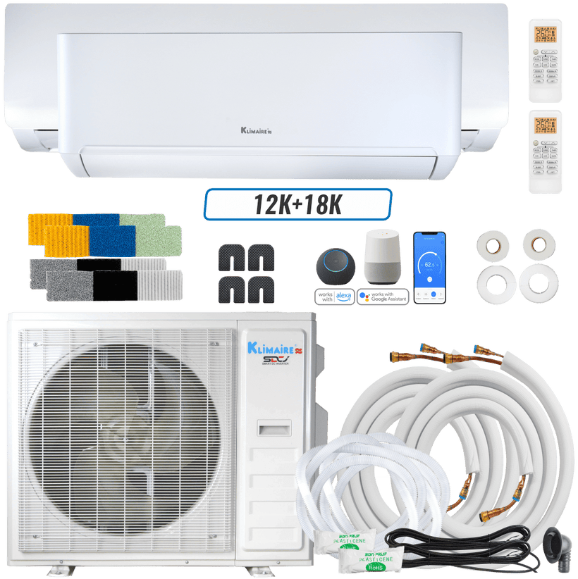 Klimaire DIY 36,000 BTU 2-Zone Regular Heat Wall Mounted Mini Split Heat Pump | 22.5 SEER2 | 12k + 18k | R454B | KMIP