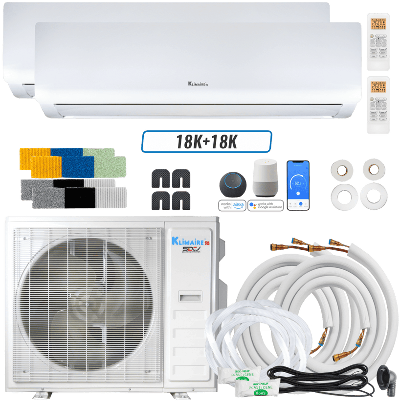 Klimaire DIY 36,000 BTU 2-Zone Regular Heat Wall Mounted Mini Split Heat Pump | 22.5 SEER2 | 18k + 18k | R454B | KMIP