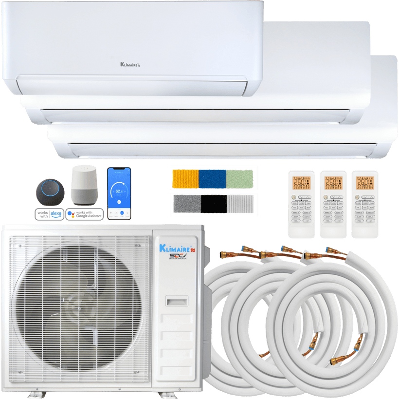 Klimaire DIY 36,000 BTU 3-Zone Regular Heat Wall Mounted Mini Split Heat Pump | 22.5 SEER2 | 12k + 18k +18k | R454B | KMIP