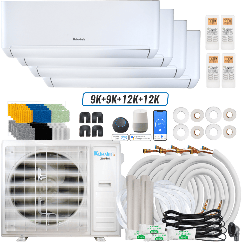 Klimaire DIY 36,000 BTU 4-Zone Regular Heat Wall Mounted Mini Split Heat Pump | 22.5 SEER2 | 9k + 9k + 12k + 12k | R454B | KMIP