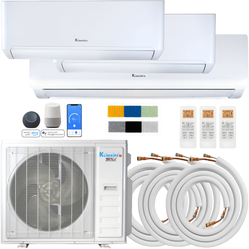 Klimaire DIY 36,000 BTU 3-Zone Regular Heat Wall Mounted Mini Split Heat Pump | 22.5 SEER2 | 12k + 12k +18k | R454B | KMIP