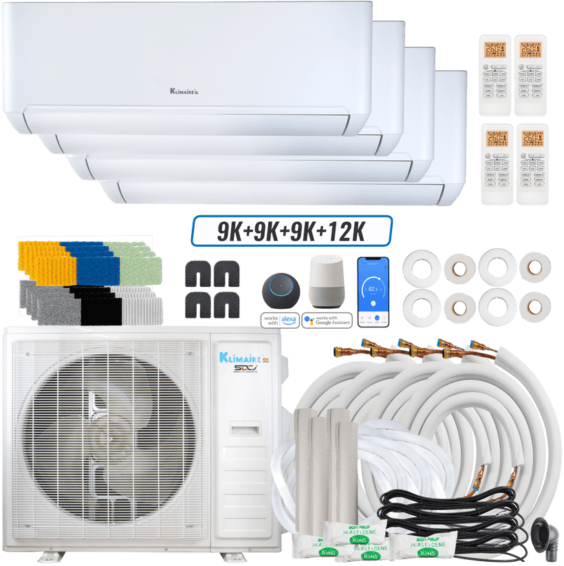 Klimaire DIY 36,000 BTU 4-Zone Regular Heat Wall Mounted Mini Split Heat Pump | 22.5 SEER2 | 9k + 9k + 9k + 12k | R454B | KMIP