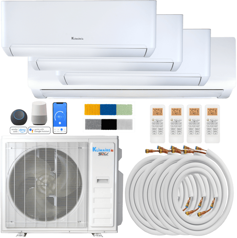 Klimaire DIY 36,000 BTU 4-Zone Regular Heat Wall Mounted Mini Split Heat Pump | 22.5 SEER2 | 9k + 9k + 12k + 18k | R454B | KMIP