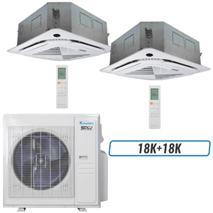 Klimaire 35,000 BTU 2-Zone Ceiling Cassette Mini Split Heat Pump | 23 SEER2 | 18k + 18k | R454B