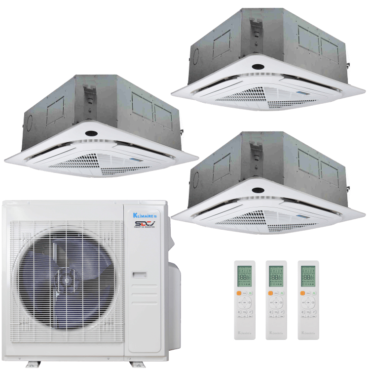 Klimaire 36,000 BTU 3-Zone Regular Heat Ceiling Cassette Mini Split Heat Pump | 21.5 SEER2 | 12k + 12k + 18k | R454B | KMIR
