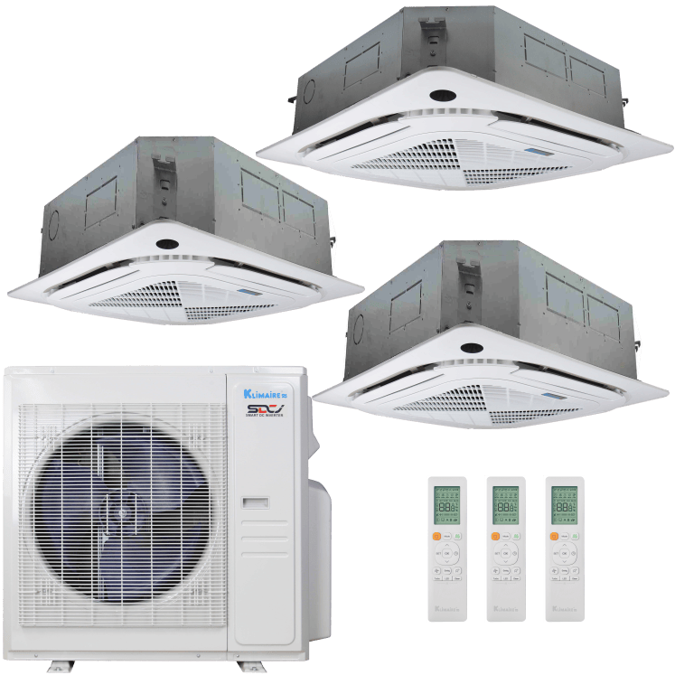 Klimaire 36,000 BTU 3-Zone Regular Heat Ceiling Cassette Mini Split Heat Pump | 21.5 SEER2 | 12k + 12k + 24k | R454B | KMIR
