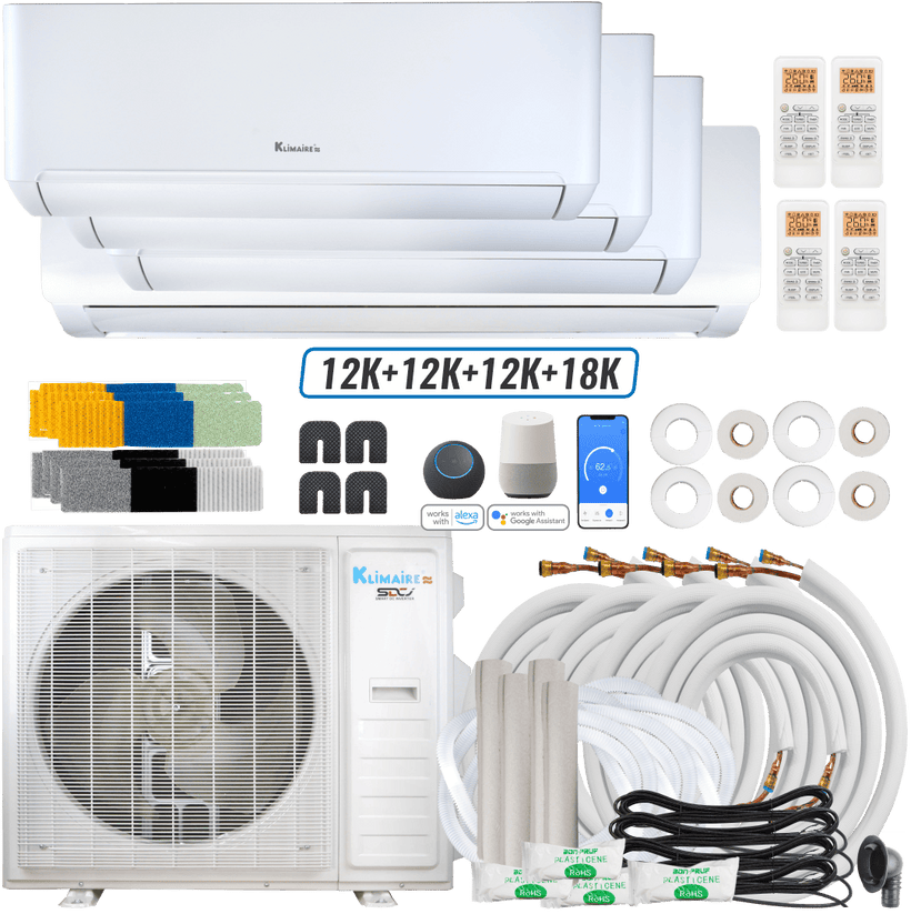 Klimaire DIY 42,000 BTU 4-Zone Regular Heat Wall Mounted Mini Split Heat Pump | 22 SEER2 | 12k + 12k + 12k + 18k | R454B | KMIP