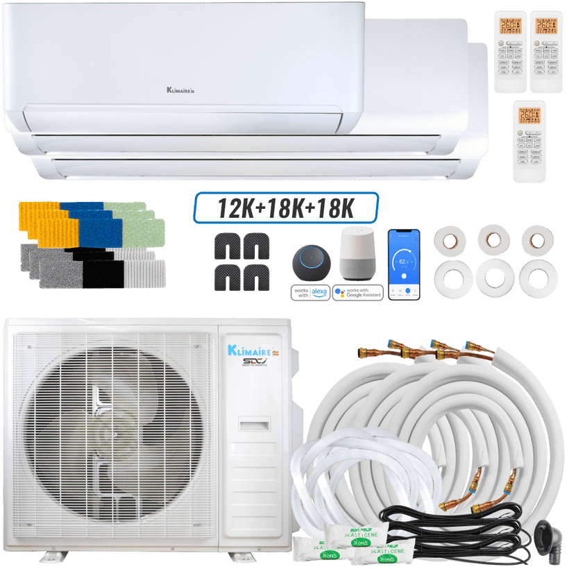 Klimaire DIY 42,000 BTU 3-Zone Regular Heat Wall Mounted Mini Split Heat Pump | 22 SEER2 | 12k + 18k +18k | R454B | KMIP