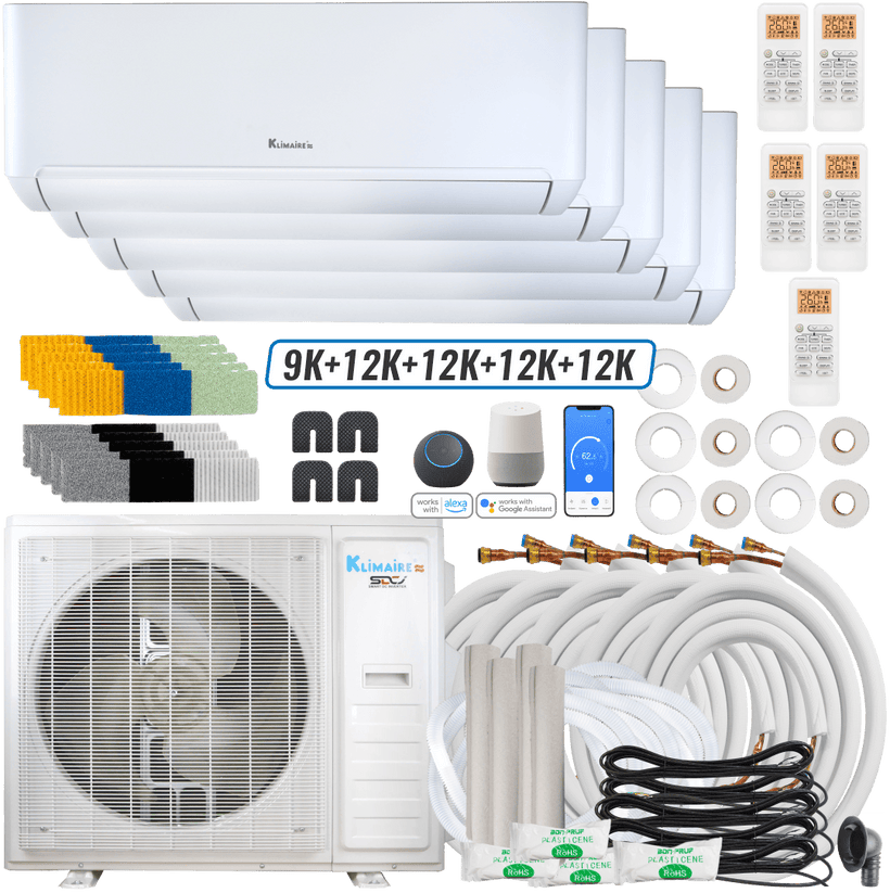 Klimaire DIY 42,000 BTU 5-Zone Regular Heat Wall Mounted Mini Split Heat Pump | 22 SEER2 | 9k + 12k + 12k + 12k + 12k | R454B | KMIP