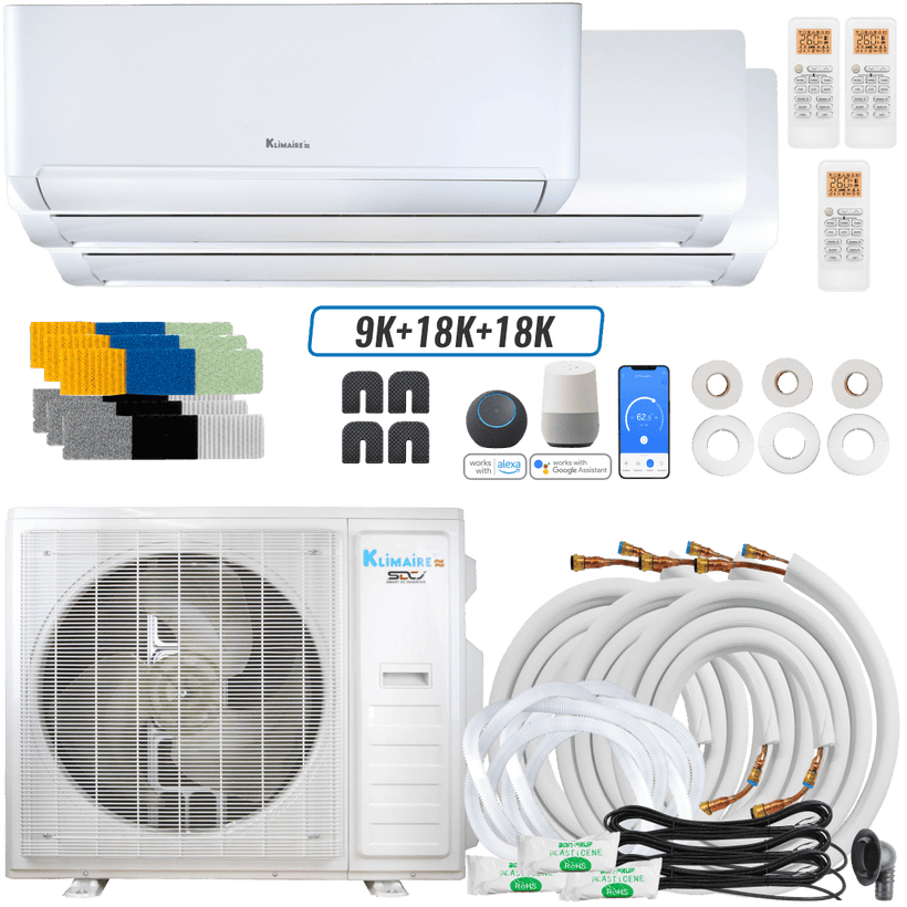 Klimaire DIY 36,000 BTU 3-Zone Regular Heat Wall Mounted Mini Split Heat Pump | 22.5 SEER2 | 9k + 18k +18k | R454B | KMIP