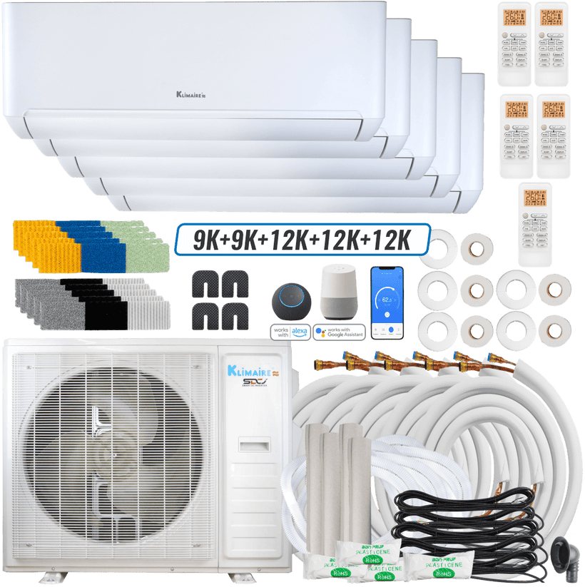 Klimaire DIY 42,000 BTU 5-Zone Regular Heat Wall Mounted Mini Split Heat Pump | 22 SEER2 | 9k + 9k + 12k + 12k + 12k | R454B | KMIP