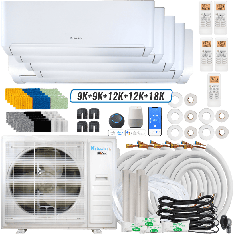 Klimaire DIY 42,000 BTU 5-Zone Regular Heat Wall Mounted Mini Split Heat Pump | 22 SEER2 | 9k + 9k + 12k + 12k + 18k | R454B | KMIP
