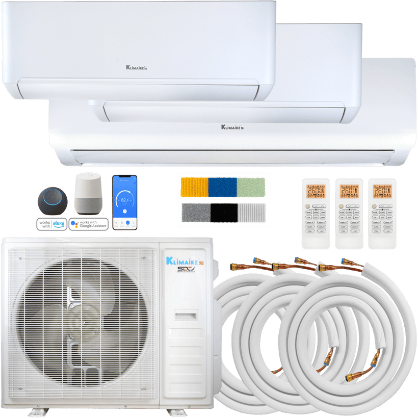 Klimaire DIY 42,000 BTU 3-Zone Regular Heat Wall Mounted Mini Split Heat Pump | 22 SEER2 | 9k + 12k +18k | R454B | KMIP