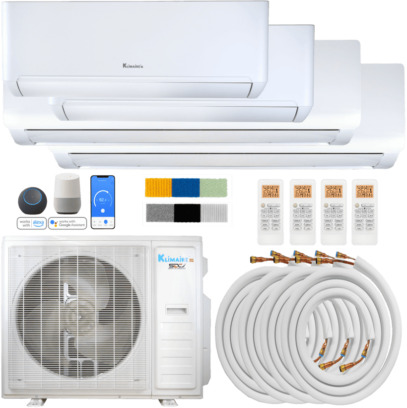 Klimaire DIY 42,000 BTU 4-Zone Regular Heat Wall Mounted Mini Split Heat Pump | 22 SEER2 | 9k + 9k + 18k + 18k | R454B | KMIP