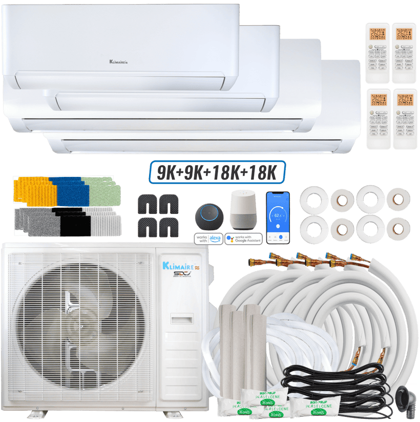 Klimaire DIY 42,000 BTU 4-Zone Regular Heat Wall Mounted Mini Split Heat Pump | 22 SEER2 | 9k + 9k + 18k + 18k | R454B | KMIP