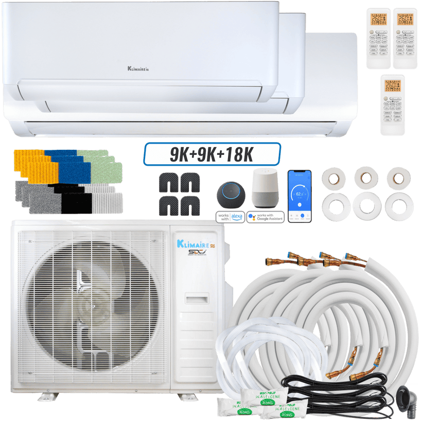 Klimaire DIY 36,000 BTU 3-Zone Regular Heat Wall Mounted Mini Split Heat Pump | 22.5 SEER2 | 9k + 9k +18k | R454B | KMIP