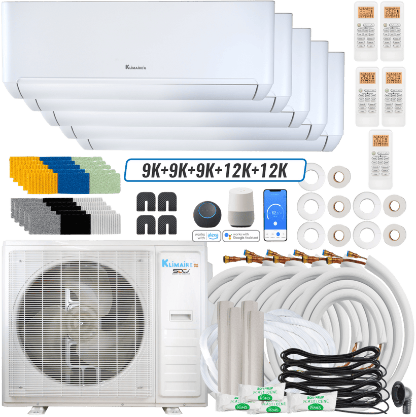 Klimaire DIY 42,000 BTU 5-Zone Regular Heat Wall Mounted Mini Split Heat Pump | 22 SEER2 | 9k + 9k + 9k + 12k + 12k | R454B | KMIP