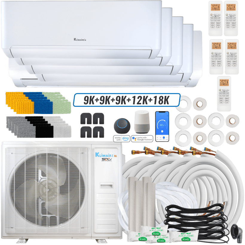 Klimaire DIY 42,000 BTU 5-Zone Regular Heat Wall Mounted Mini Split Heat Pump | 22 SEER2 | 9k + 9k + 9k + 12k + 18k | R454B | KMIP