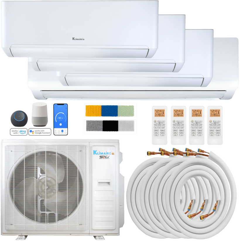 Klimaire DIY 42,000 BTU 4-Zone Regular Heat Wall Mounted Mini Split Heat Pump | 22 SEER2 | 9k + 12k + 18k + 18k | R454B | KMIP