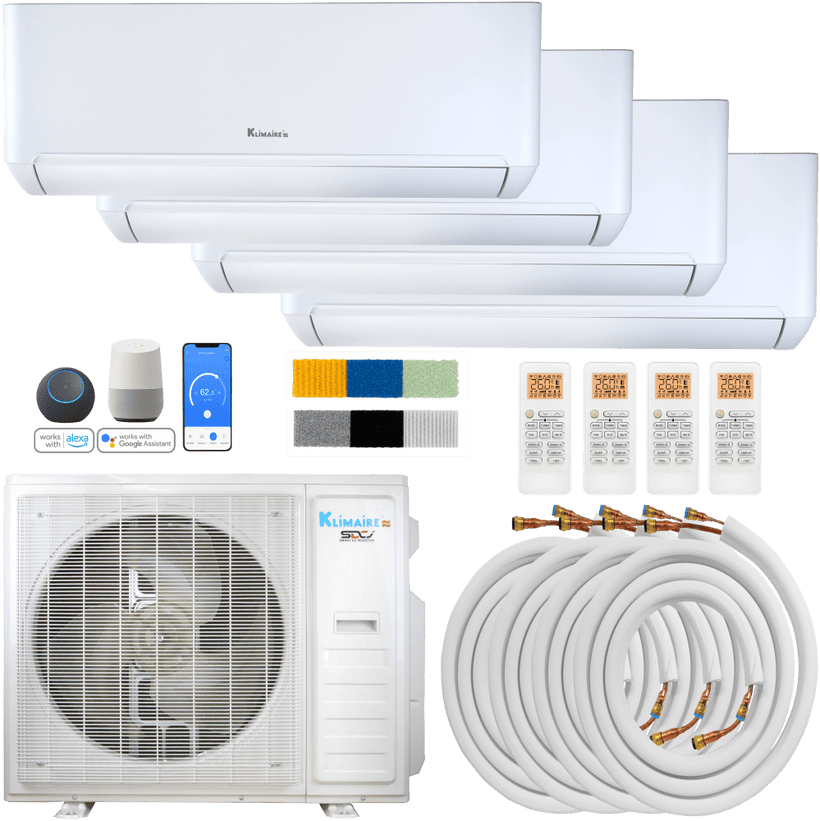 Klimaire DIY 36,000 BTU 4-Zone Regular Heat Wall Mounted Mini Split Heat Pump | 22.5 SEER2 | 9k + 9k + 12k + 12k | R454B | KMIP