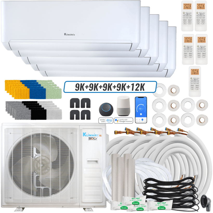 Klimaire DIY 42,000 BTU 5-Zone Regular Heat Wall Mounted Mini Split Heat Pump | 22 SEER2 | 9k + 9k + 9k + 9k + 12k | R454B | KMIP