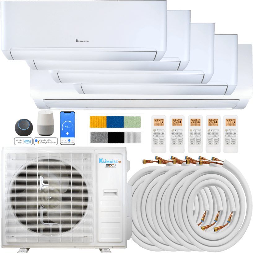 Klimaire DIY 42,000 BTU 5-Zone Regular Heat Wall Mounted Mini Split Heat Pump | 22 SEER2 | 9k + 12k + 12k + 12k + 12k | R454B | KMIP