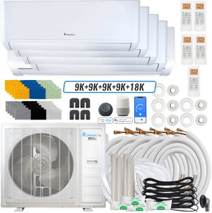 Klimaire DIY 42,000 BTU 5-Zone Regular Heat Wall Mounted Mini Split Heat Pump | 22 SEER2 | 9k + 9k + 9k + 9k + 18k | R454B | KMIP