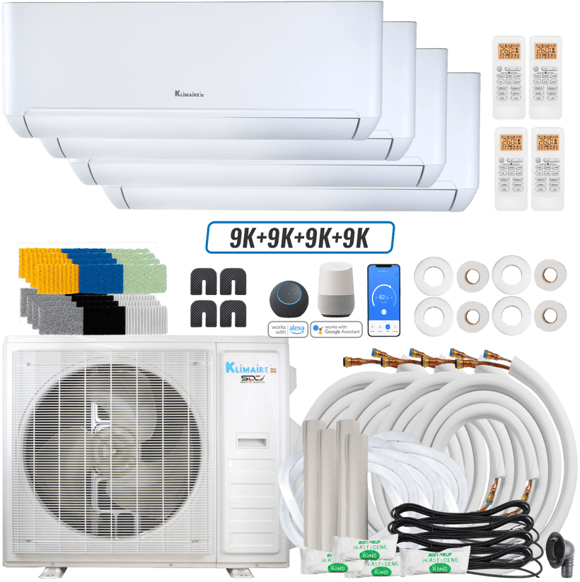 Klimaire DIY 36,000 BTU 4-Zone Regular Heat Wall Mounted Mini Split Heat Pump | 22.5 SEER2 | 9k + 9k + 9k + 9k | R454B | KMIP