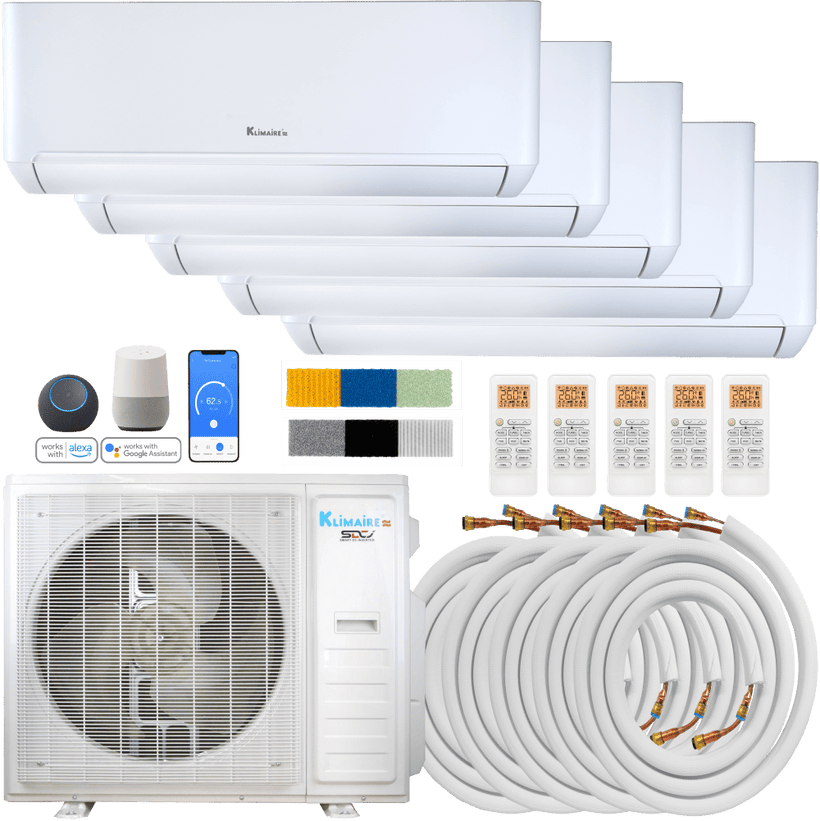 Klimaire DIY 42,000 BTU 5-Zone Regular Heat Wall Mounted Mini Split Heat Pump | 22 SEER2 | 9k + 9k + 12k + 12k + 12k | R454B | KMIP