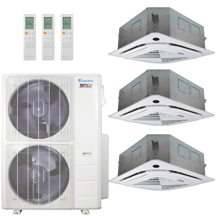 Klimaire 46,000 BTU 3-Zone Regular Heat Ceiling Cassette Mini Split Heat Pump | 21.2 SEER2 | 12k + 12k + 18k | R454B | KMIR