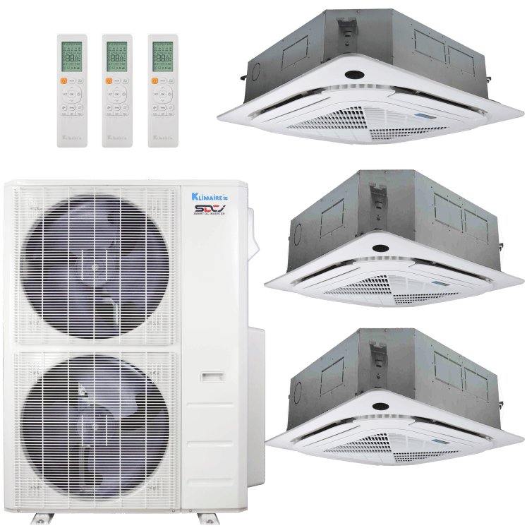 Klimaire 46,000 BTU 3-Zone Regular Heat Ceiling Cassette Mini Split Heat Pump | 21.2 SEER2 | 12k + 12k + 24k | R454B | KMIR