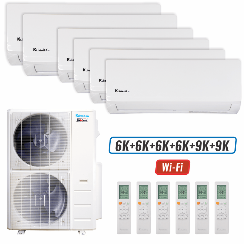 Klimaire 60,000 BTU 6-Zone Wall Mounted Mini Split Heat Pump | 19.2 SEER2 | 6k + 6k + 6k + 6k +9k + 9k | R454B