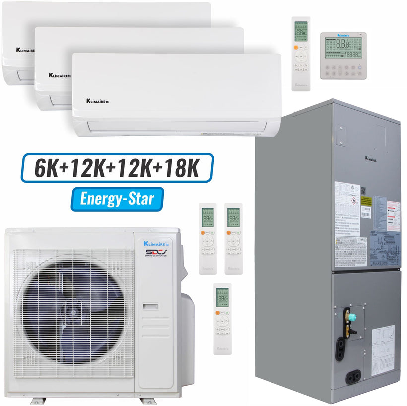 Klimaire 36,000 BTU 4-Zone Wall Mount - Air Handler Mini Split Heat Pump | 20.45 SEER2 | 6K + 12k + 12k + 18k | R454B
