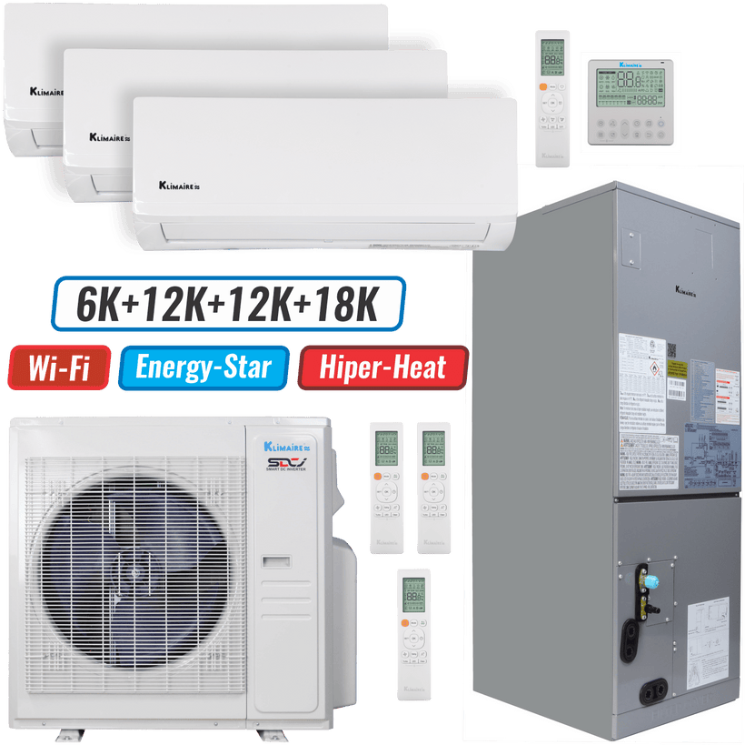 Klimaire 36,000 BTU 4-Zone Hyper Heat Wall Mount - Air Handler Mini Split Heat Pump | 20.45 SEER2 | 6k + 12k + 12k + 18k | R454B