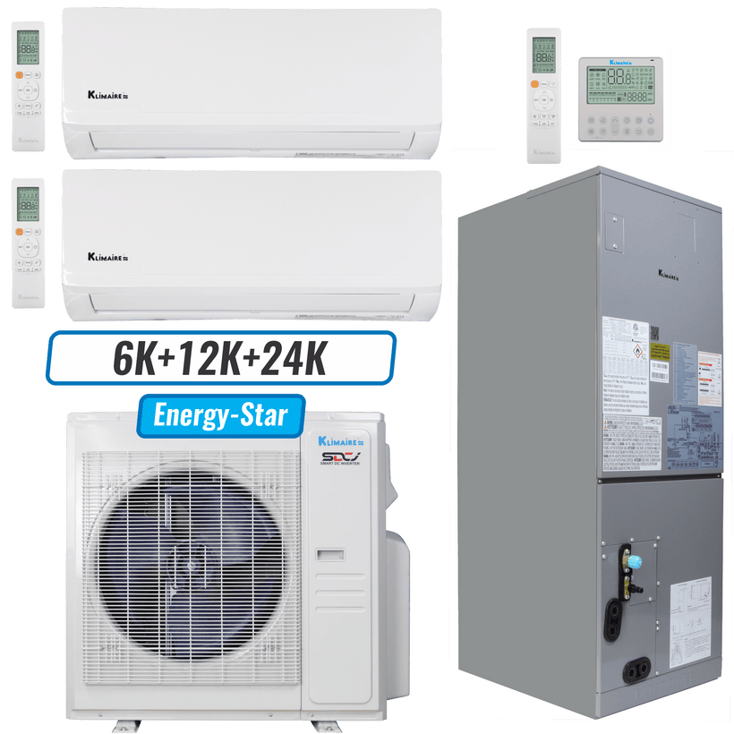 Klimaire 36,000 BTU 3-Zone Wall Mount - Air Handler Mini Split Heat Pump | 20.45 SEER2 | 6k + 12k + 24k | R454B