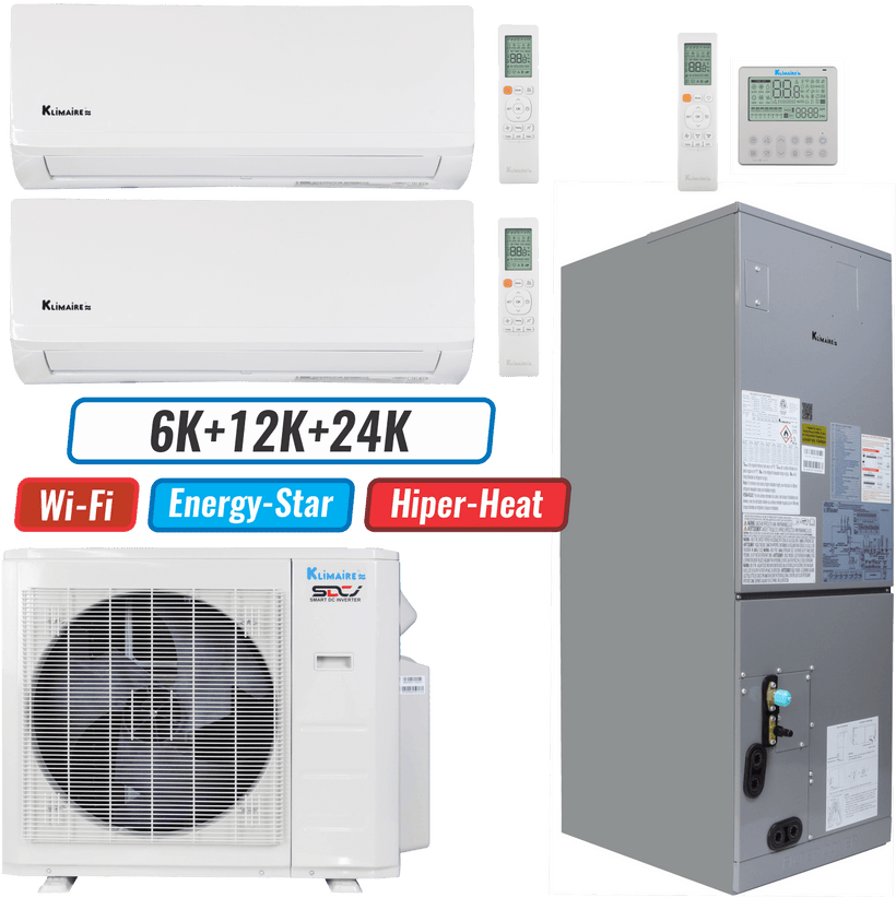 Klimaire 27,000 BTU 3-Zone Hyper Heat Wall Mount - Air Handler Mini Split Heat Pump | 22 SEER2 | 6k + 12k + 24k | R454B