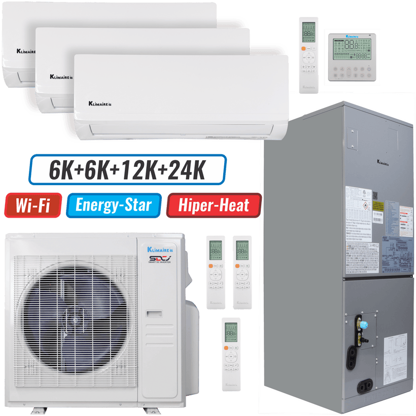 Klimaire 36,000 BTU 4-Zone Hyper Heat Wall Mount - Air Handler Mini Split Heat Pump | 20.45 SEER2 | 6k + 6k + 12k + 24k | R454B